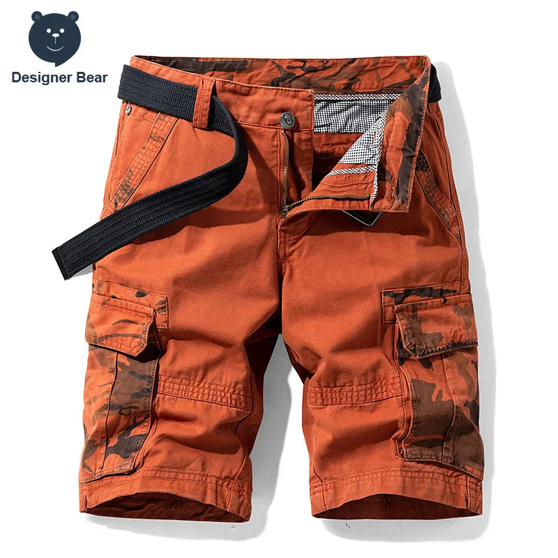 Summer Men's Cargo Shorts Baggy Straight Knee Length Pants Multi-Pocket Khaki Work 100%Cotton Camouflage Twill Short Belt Gift
