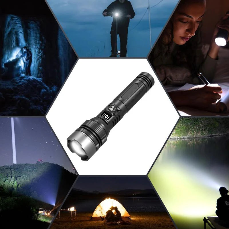 LED Display Laser Flashlight Super Bright Type-C Rechargeable IPX8 Waterproof Long Lasting Camping Emergency Flashlight