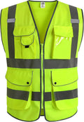 9 Pockets Class 2 High Visibility Zipper Front Safety Vest With Reflective Strips Yellow