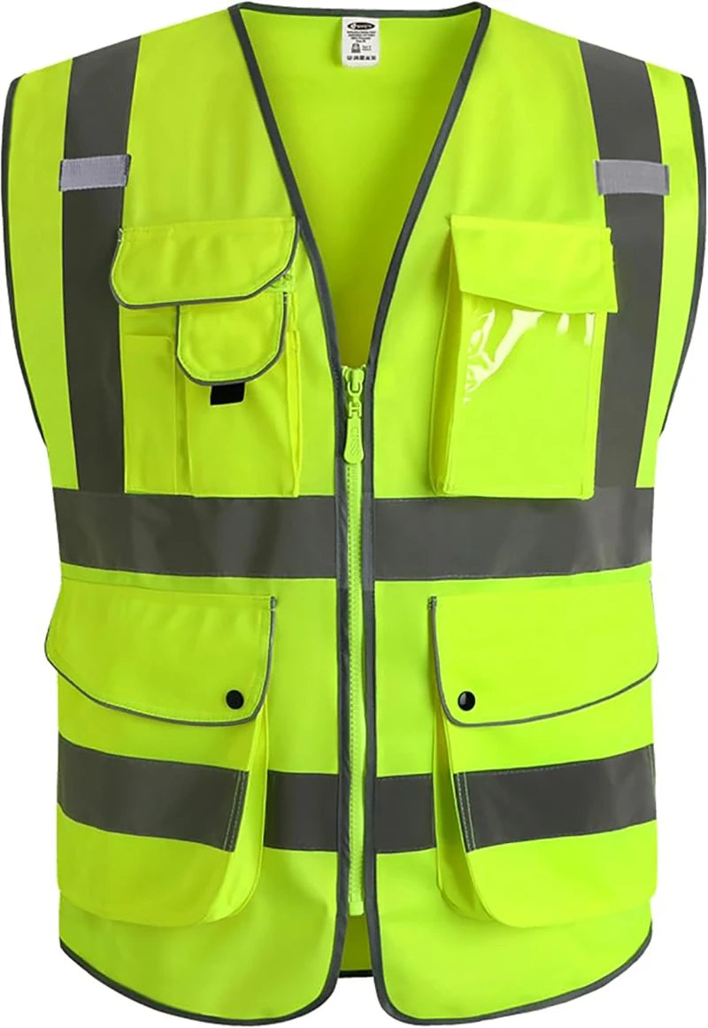 9 Pockets Class 2 High Visibility Zipper Front Safety Vest With Reflective Strips Yellow