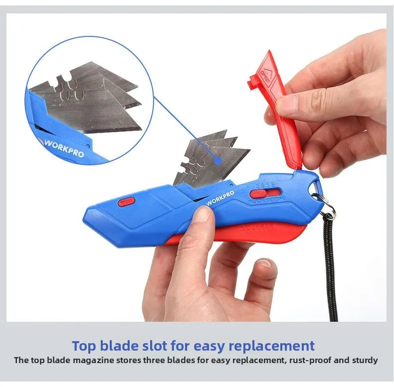 WORKPRO New Safety Cutter with Sheath & Lanyard, Self-Retracting Utility Knife, Compact Box Cutter, W013019