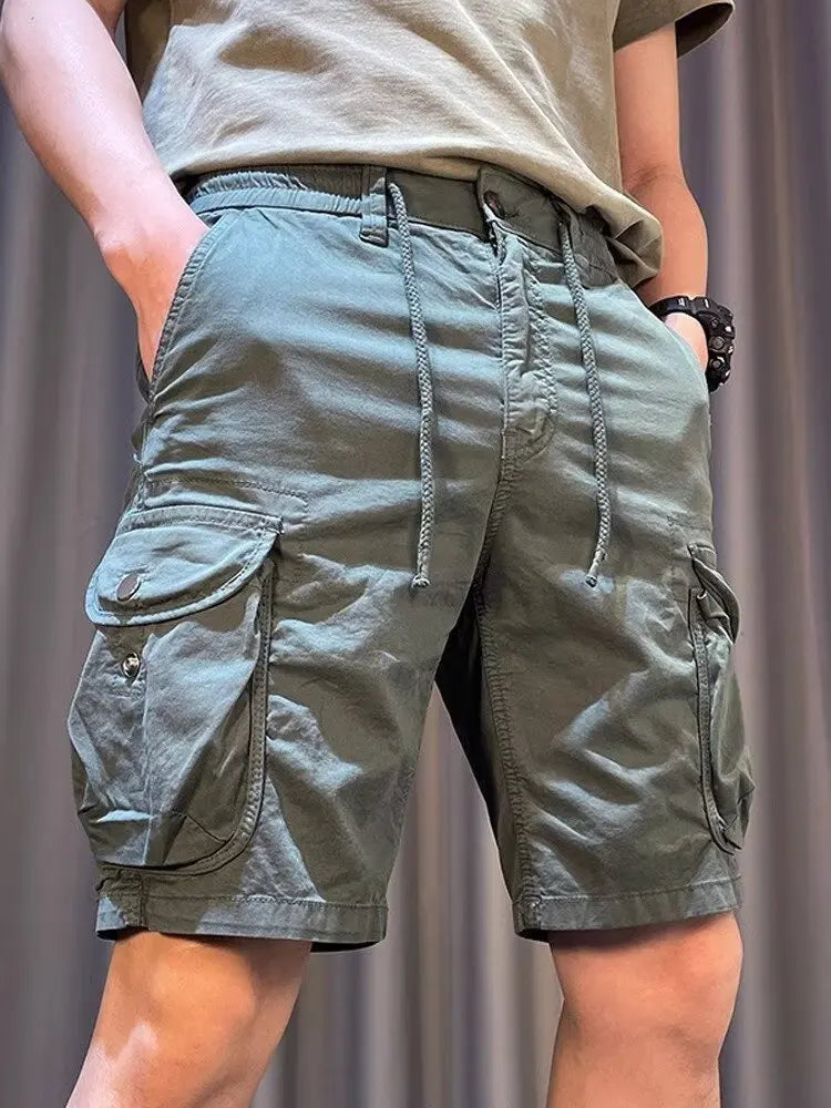Men Cargo Shorts Drawstring Multi-Pocket Casual Loose Bermuda Shorts Summer Streetwear Cotton Blend Outdoor Hiking Short Pants