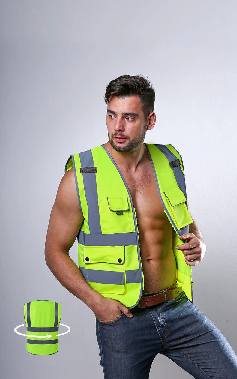 High Visibility Reflective Safety Vest Zipper Front Vest With Reflective Strips Construction Workwear Safety Reflective Vest