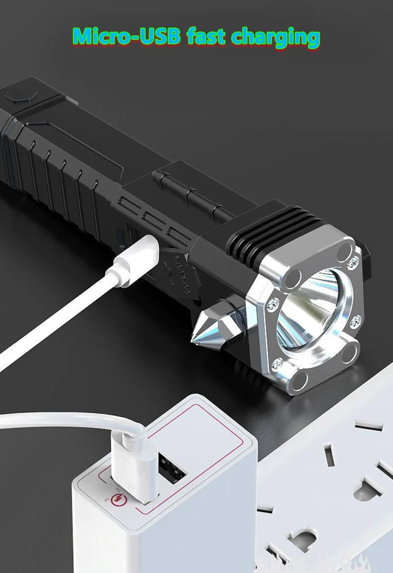 Led Flashlight with Safety Hammer Work Light Emergency Self-Rescue Broken Window Torch USB Rechargeable Tactical Light Lantern
