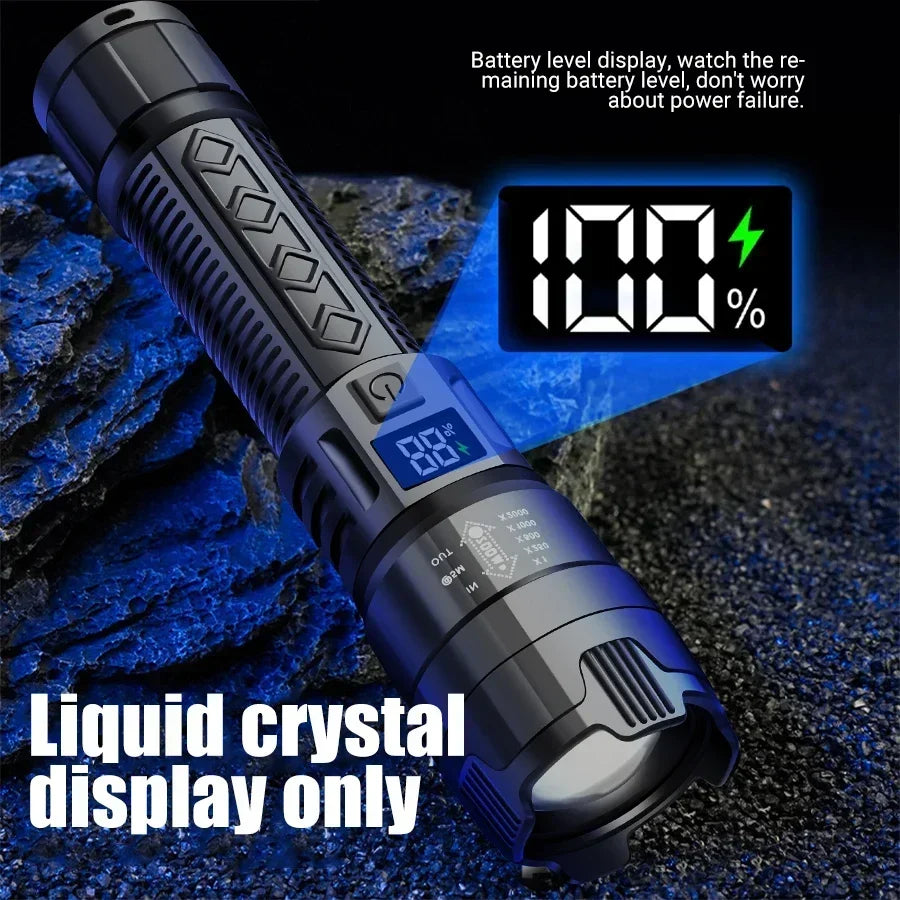 High Strong Power Led Flashlights 2000LM Tactical Torch with Display Light Rechargeable Camping Fishing Emergency Zoom Lantern