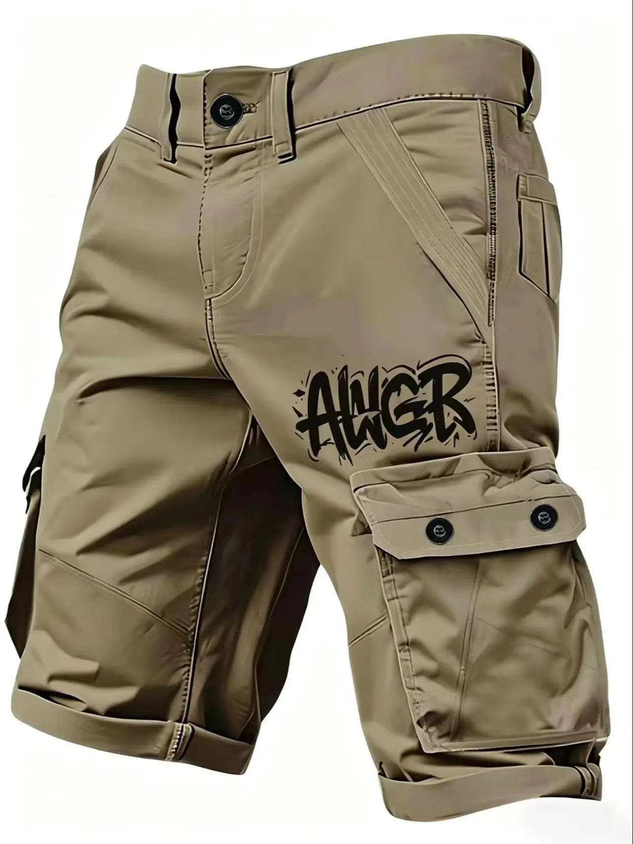Men's Cargo Shorts featuring AWGR print equipped with multifunctional utility pockets Crafted from non-stretch fabric with a zip