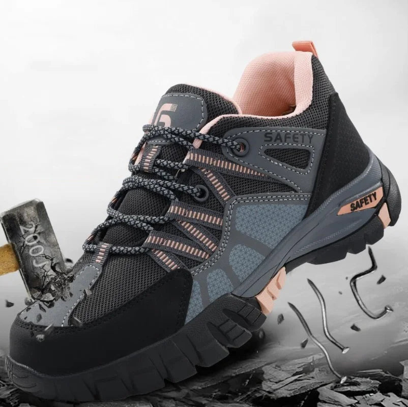 Safety Shoes for Women,Lightweight Non Slip Work Shoes,Air Cushion Safety Sneakers for Work and Daily Wear Black/Pink