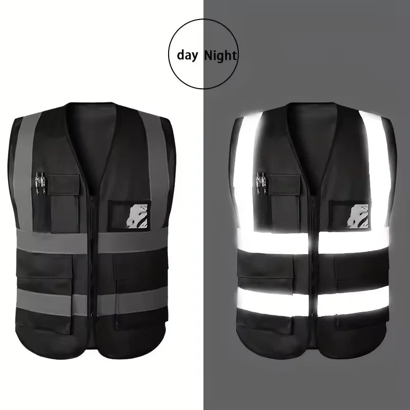 HACHANLUN Black Reflective Vest Vest Reflective Vest Traffic Riding Vest Overalls Multi-pocket Zipper