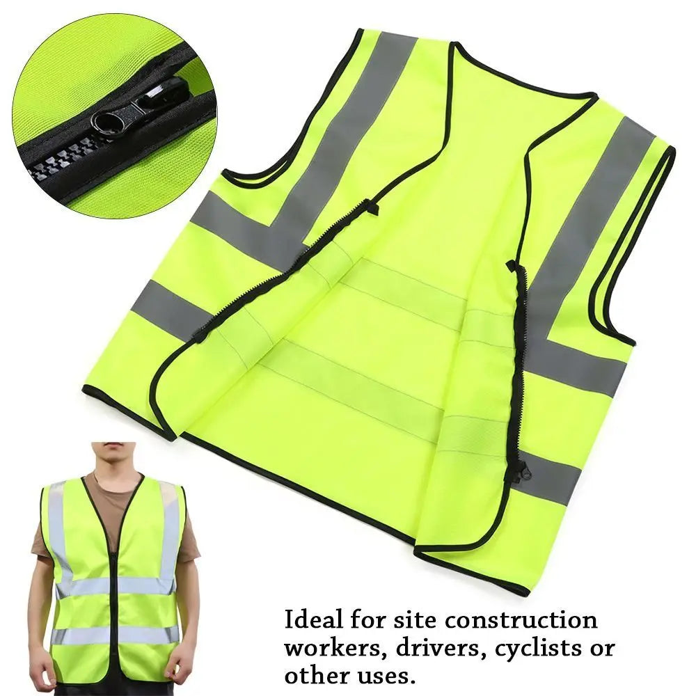 Durable High Visibility Safety Vest Front Reflective Strips Zipper Workwear Uniforms Security Guard Vest Warehouse
