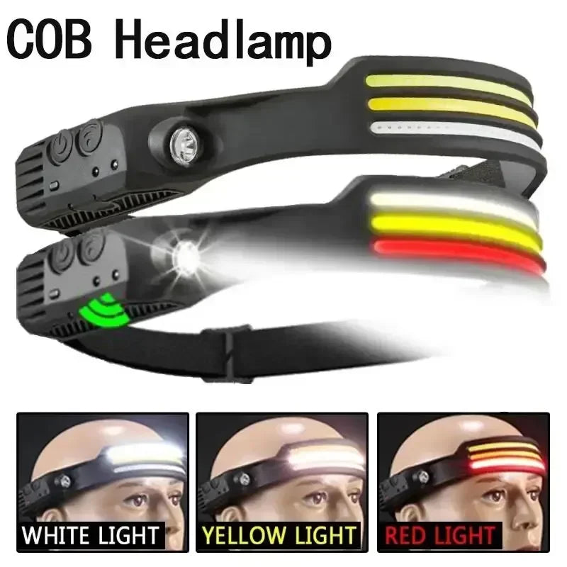 Outdoor Head Lamp with 230 Degree Wide Beam 5 Lighting Modes Motion Sensor IPX4 Waterproof Rechargeable Design Jogging Fishing