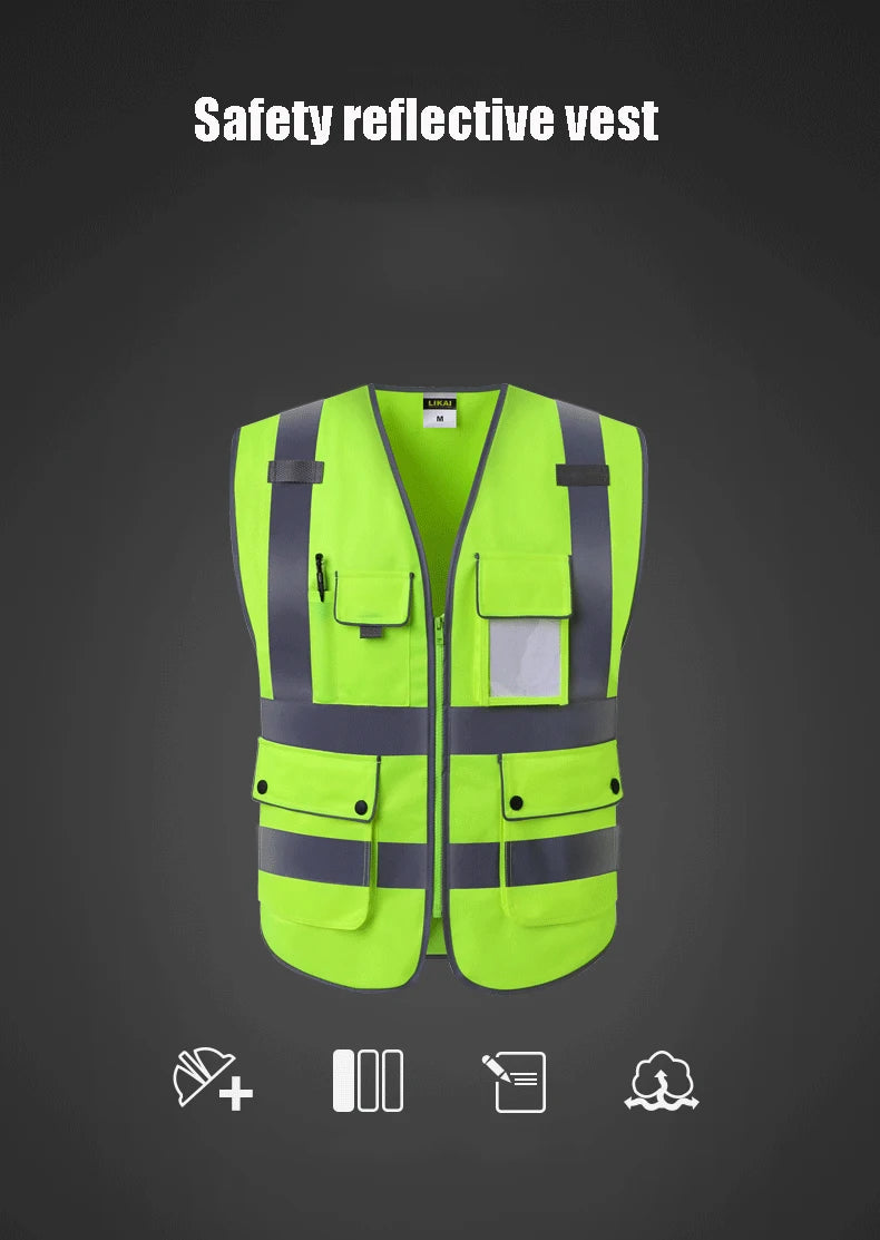 High Visibility Reflective Safety Vest Zipper Front Vest With Reflective Strips Construction Workwear Safety Reflective Vest