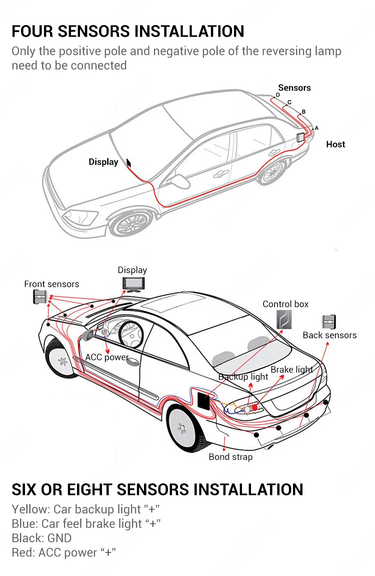 Car Reverse Radar Kit 12VDC Vehicle Parking Sensor System 4 Sensors Backup Assist System with LED Distance Display Sound Warning
