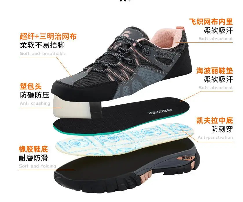 Safety Shoes for Women,Lightweight Non Slip Work Shoes,Air Cushion Safety Sneakers for Work and Daily Wear Black/Pink