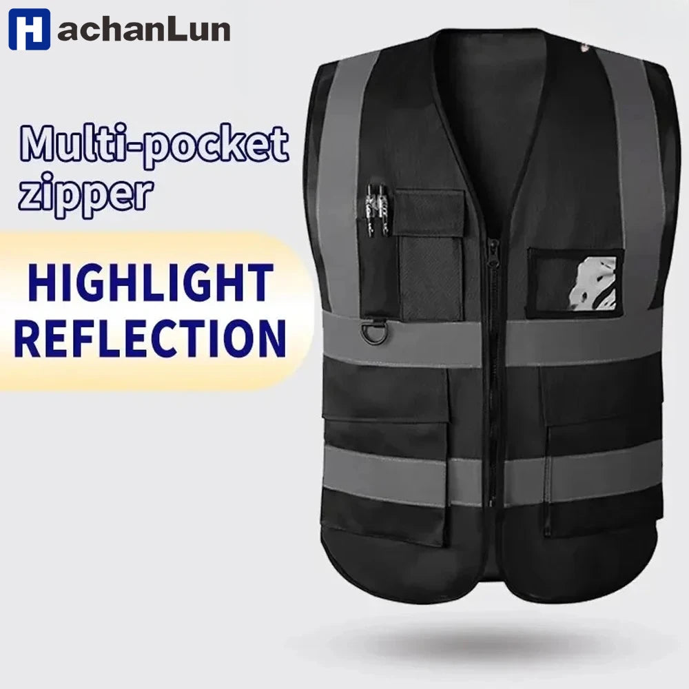 HACHANLUN Black Reflective Vest Vest Reflective Vest Traffic Riding Vest Overalls Multi-pocket Zipper