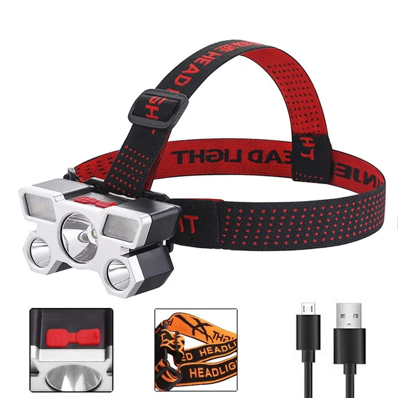 USB Rechargeable Led Five-Head Headlamp Super Bright 18650 Built-in Battery Headlight Portable Head Flashlight Fishing Lantern