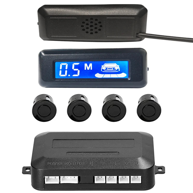 Car Reverse Radar Kit 12VDC Vehicle Parking Sensor System 4 Sensors Backup Assist System with LED Distance Display Sound Warning