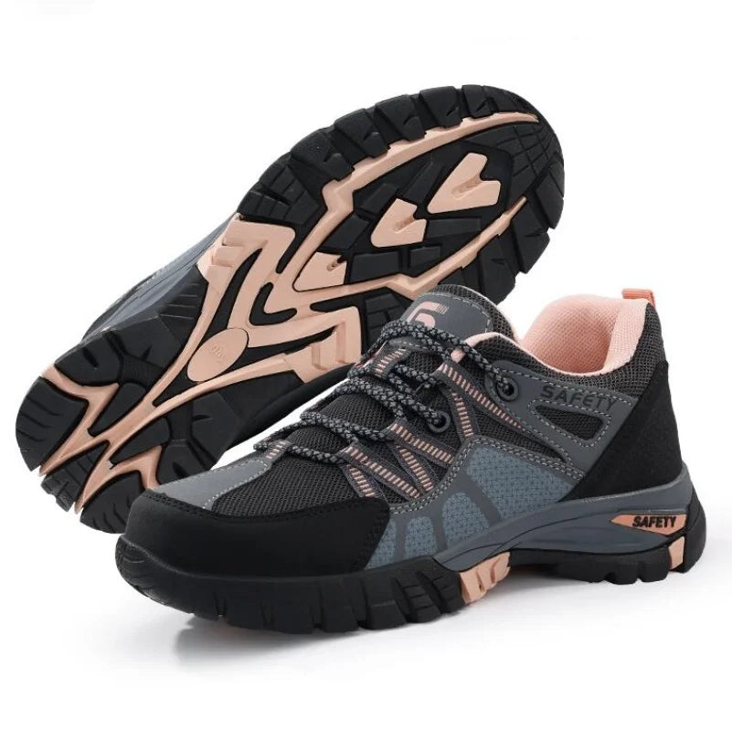 Safety Shoes for Women,Lightweight Non Slip Work Shoes,Air Cushion Safety Sneakers for Work and Daily Wear Black/Pink