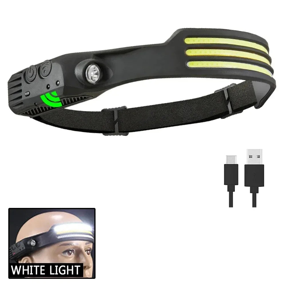 Outdoor Head Lamp with 230 Degree Wide Beam 5 Lighting Modes Motion Sensor IPX4 Waterproof Rechargeable Design Jogging Fishing