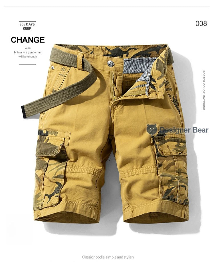 Summer Men's Cargo Shorts Baggy Straight Knee Length Pants Multi-Pocket Khaki Work 100%Cotton Camouflage Twill Short Belt Gift