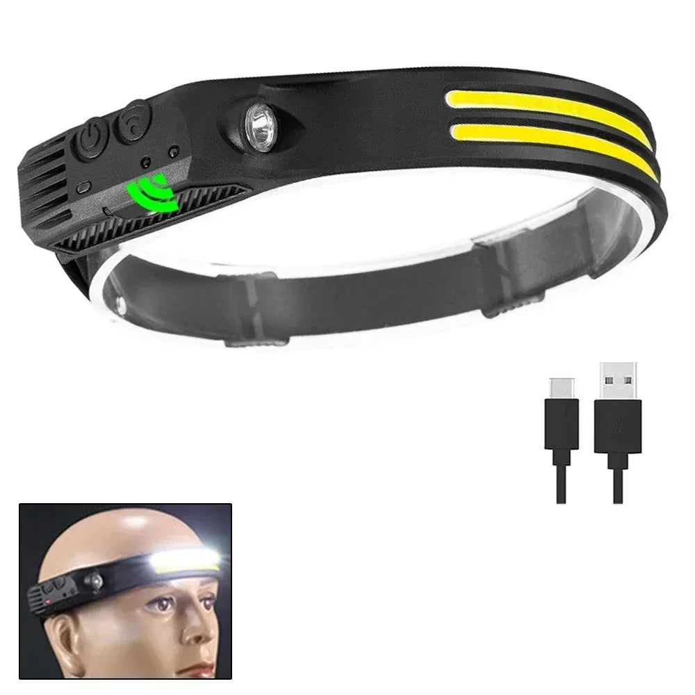 Outdoor Head Lamp with 230 Degree Wide Beam 5 Lighting Modes Motion Sensor IPX4 Waterproof Rechargeable Design Jogging Fishing