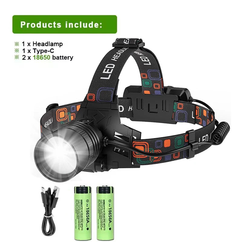 Powerful LED Headlamp Rechargeable Telescopic Zoomable Headlight Outdoor Waterproof Work Head Lamp High Lumen Head Torch
