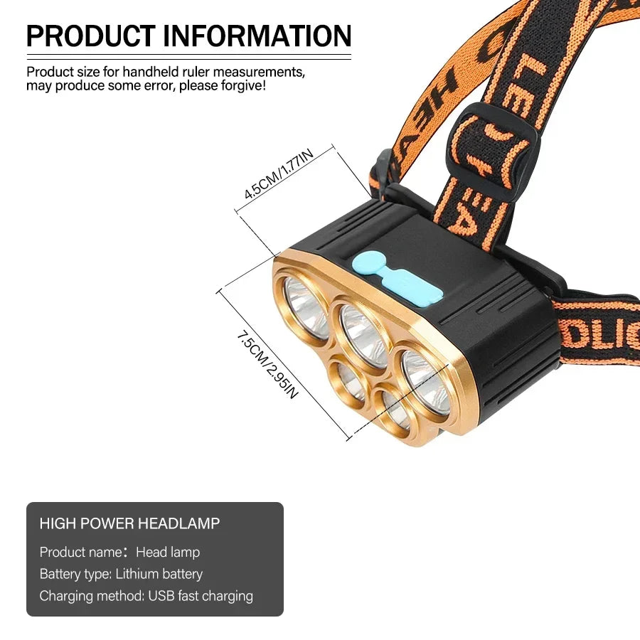 Powerful 5 LED Headlamp USB Rechargeable Headlamp Fishing Head Flashlight Waterproof Hunting Camping Outdoor Run Hiking Light