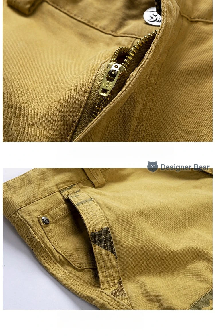 Summer Men's Cargo Shorts Baggy Straight Knee Length Pants Multi-Pocket Khaki Work 100%Cotton Camouflage Twill Short Belt Gift