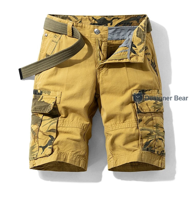 Summer Men's Cargo Shorts Baggy Straight Knee Length Pants Multi-Pocket Khaki Work 100%Cotton Camouflage Twill Short Belt Gift