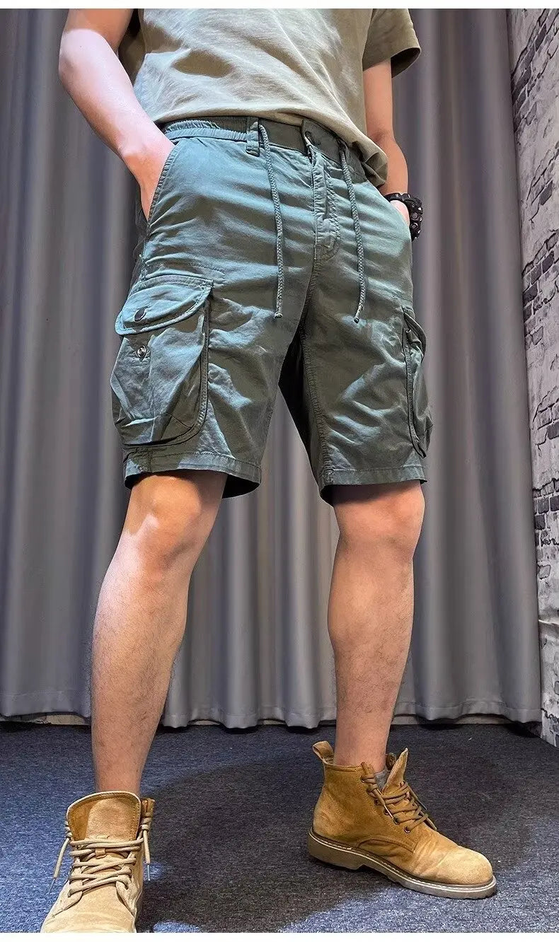 Men Cargo Shorts Drawstring Multi-Pocket Casual Loose Bermuda Shorts Summer Streetwear Cotton Blend Outdoor Hiking Short Pants