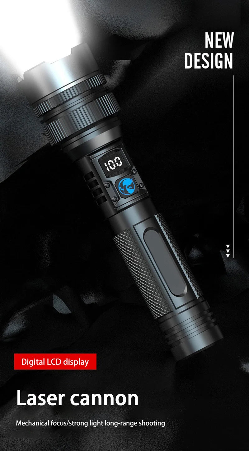 LED Display Laser Flashlight Super Bright Type-C Rechargeable IPX8 Waterproof Long Lasting Camping Emergency Flashlight