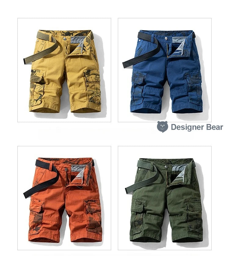 Summer Men's Cargo Shorts Baggy Straight Knee Length Pants Multi-Pocket Khaki Work 100%Cotton Camouflage Twill Short Belt Gift