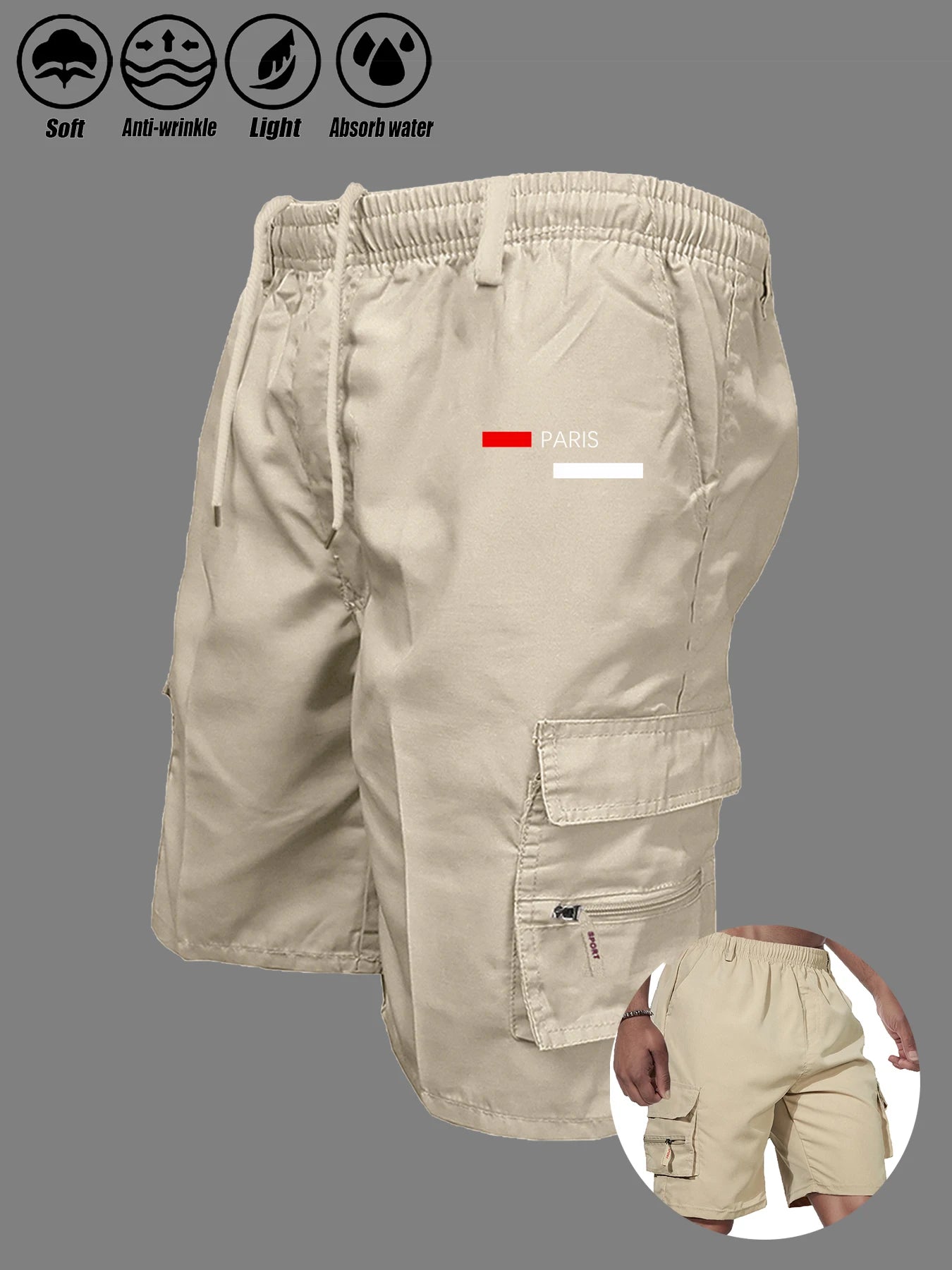 Paris Printed Casual Work Shorts Men's Multi-pocket Loose Drawstring Cargo Shorts Outdoor Sports Short Pants for Men Streetwear