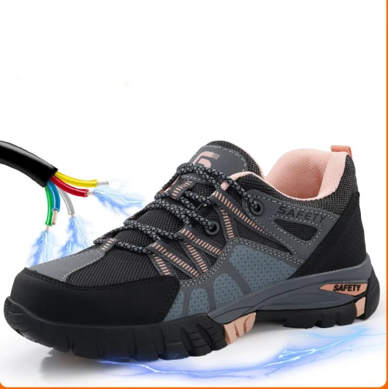 Safety Shoes for Women,Lightweight Non Slip Work Shoes,Air Cushion Safety Sneakers for Work and Daily Wear Black/Pink