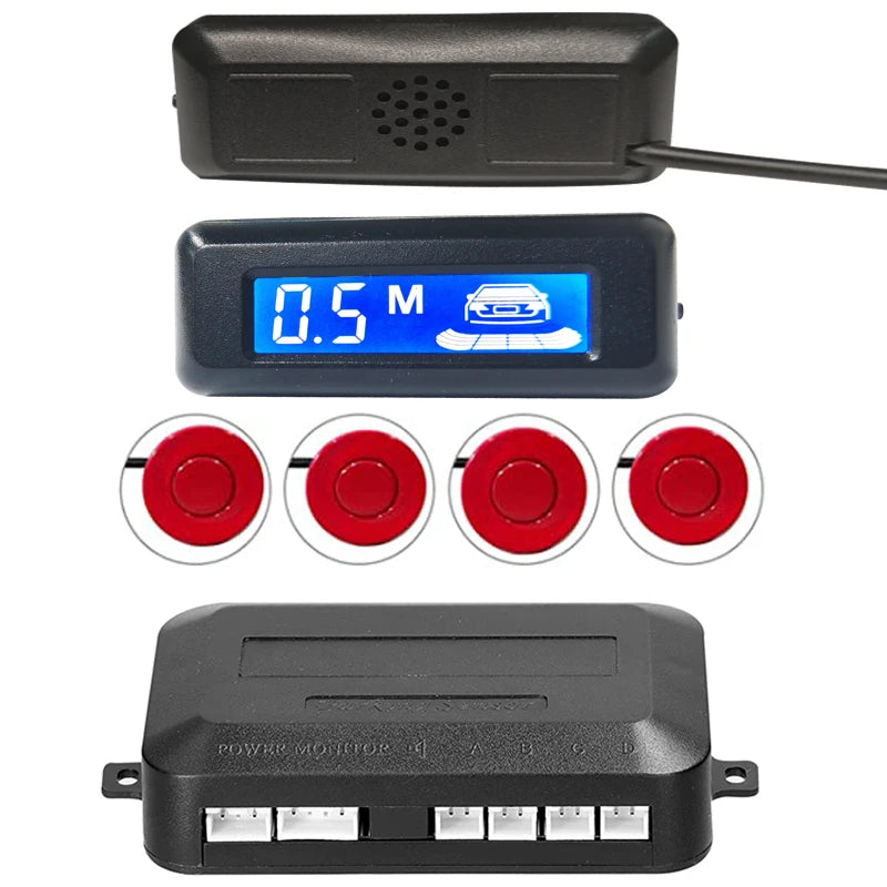Car Reverse Radar Kit 12VDC Vehicle Parking Sensor System 4 Sensors Backup Assist System with LED Distance Display Sound Warning