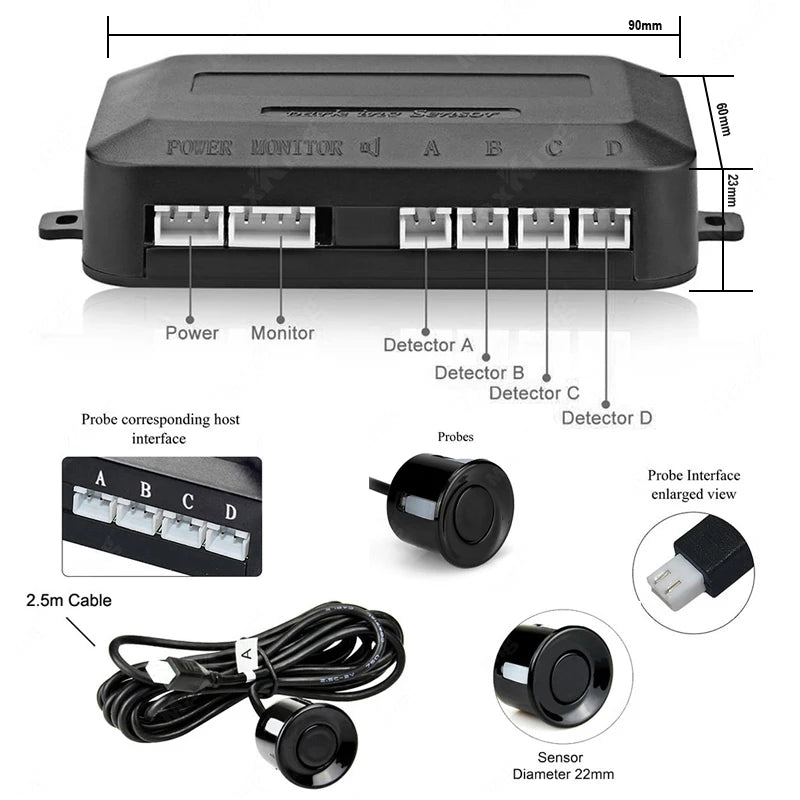 Car Reverse Radar Kit 12VDC Vehicle Parking Sensor System 4 Sensors Backup Assist System with LED Distance Display Sound Warning