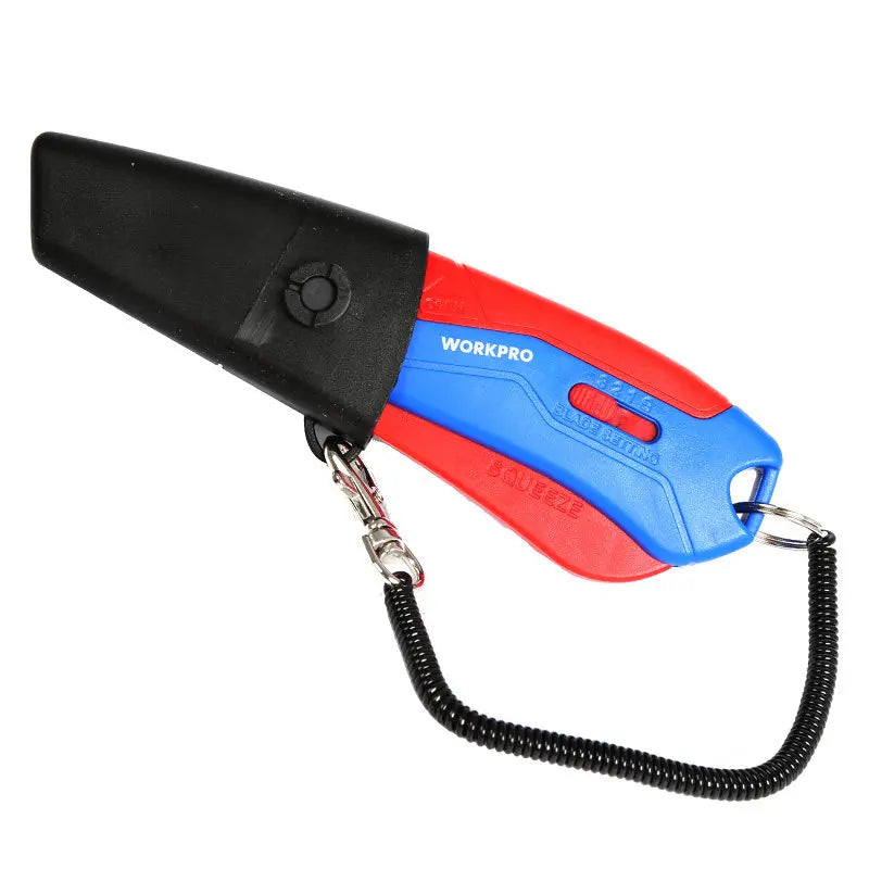 WORKPRO New Safety Cutter with Sheath & Lanyard, Self-Retracting Utility Knife, Compact Box Cutter, W013019