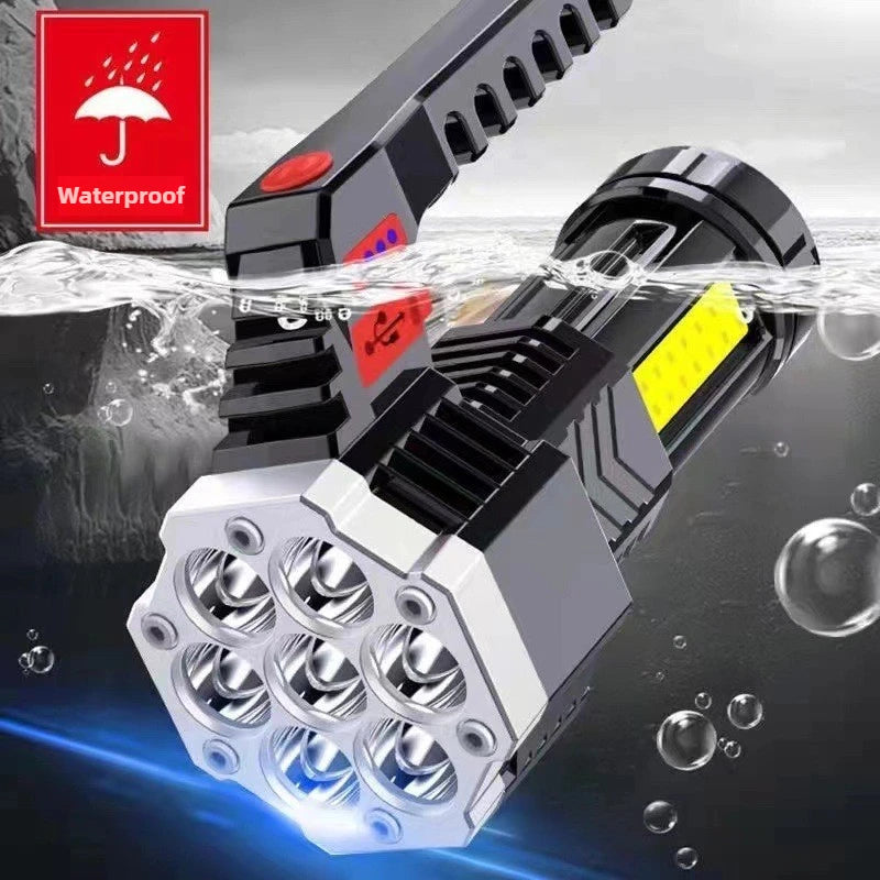 7LED Flashlight 4 Lighting Mode IPX4 Waterproof 4-Level Brightness Adjustable with Power Indicator for Hiking Emergency Survival