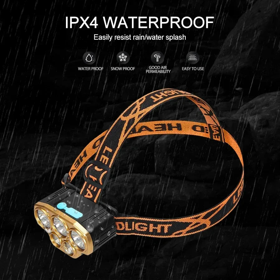 Powerful 5 LED Headlamp USB Rechargeable Headlamp Fishing Head Flashlight Waterproof Hunting Camping Outdoor Run Hiking Light