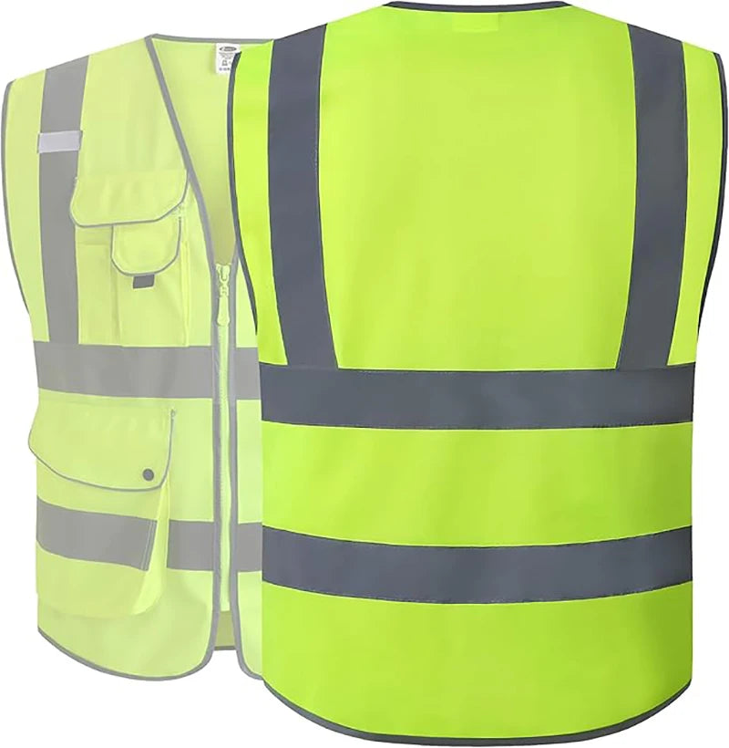 9 Pockets Class 2 High Visibility Zipper Front Safety Vest With Reflective Strips Yellow