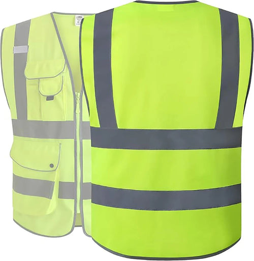 9 Pockets Class 2 High Visibility Zipper Front Safety Vest With Reflective Strips Yellow