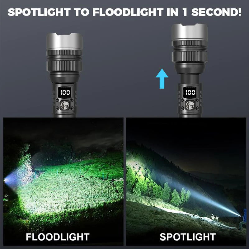 LED Display Laser Flashlight Super Bright Type-C Rechargeable IPX8 Waterproof Long Lasting Camping Emergency Flashlight
