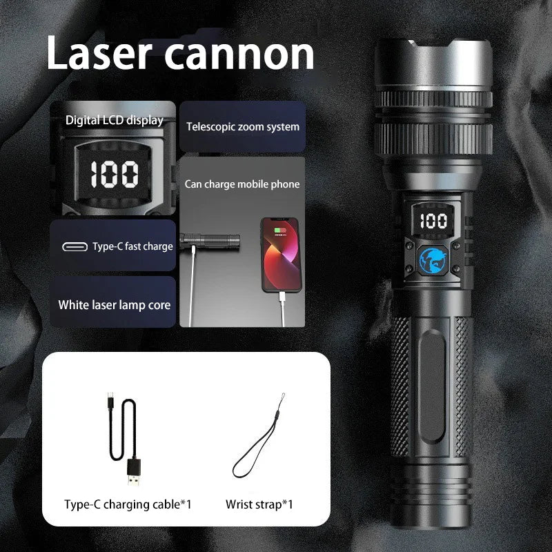 LED Display Laser Flashlight Super Bright Type-C Rechargeable IPX8 Waterproof Long Lasting Camping Emergency Flashlight