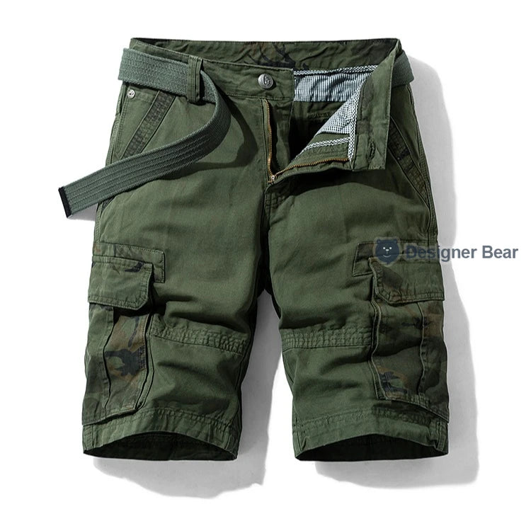 Summer Men's Cargo Shorts Baggy Straight Knee Length Pants Multi-Pocket Khaki Work 100%Cotton Camouflage Twill Short Belt Gift
