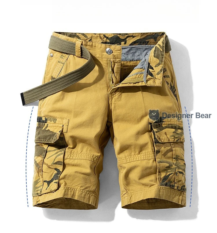 Summer Men's Cargo Shorts Baggy Straight Knee Length Pants Multi-Pocket Khaki Work 100%Cotton Camouflage Twill Short Belt Gift