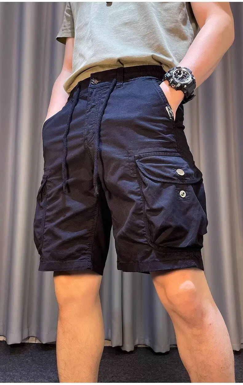 Men Cargo Shorts Drawstring Multi-Pocket Casual Loose Bermuda Shorts Summer Streetwear Cotton Blend Outdoor Hiking Short Pants