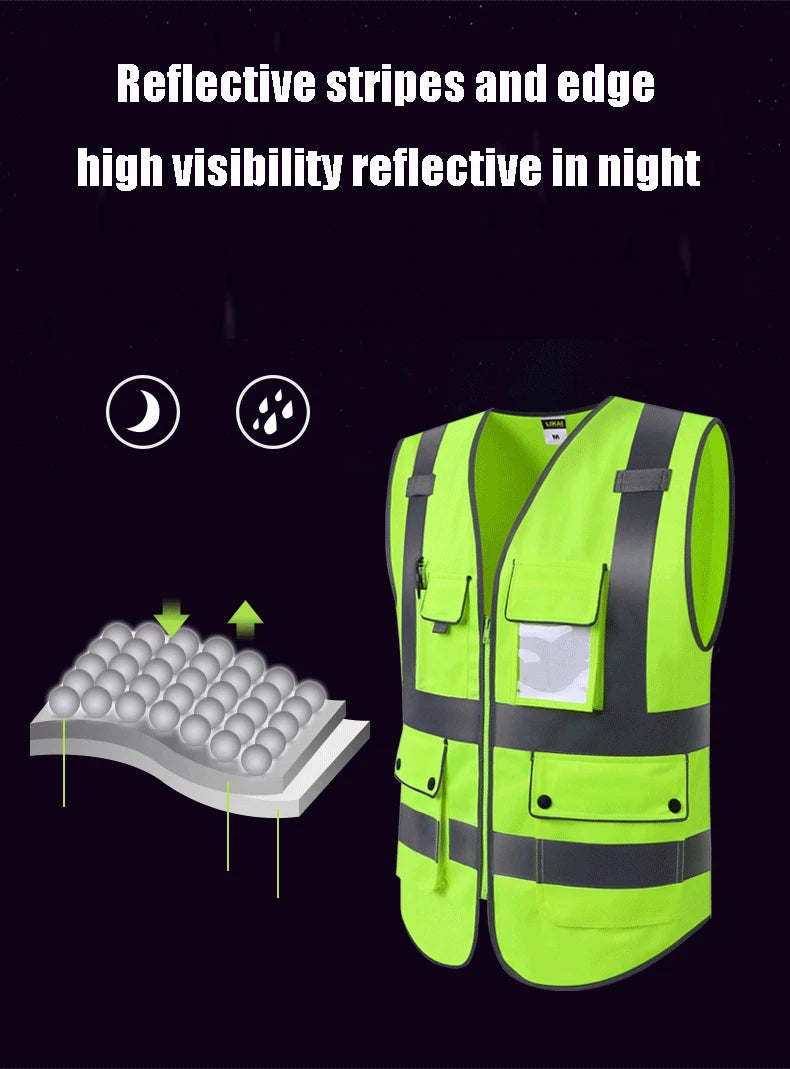 High Visibility Reflective Safety Vest Zipper Front Vest With Reflective Strips Construction Workwear Safety Reflective Vest