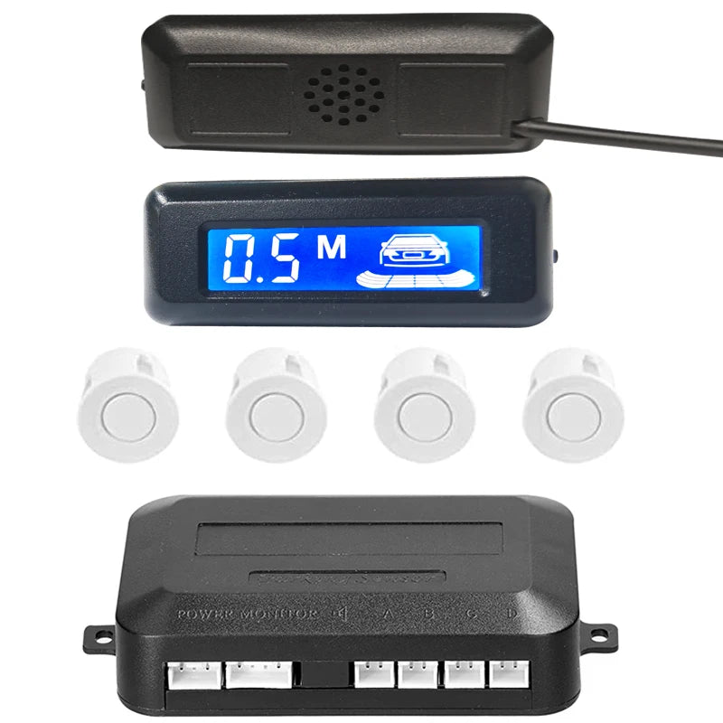 Car Reverse Radar Kit 12VDC Vehicle Parking Sensor System 4 Sensors Backup Assist System with LED Distance Display Sound Warning