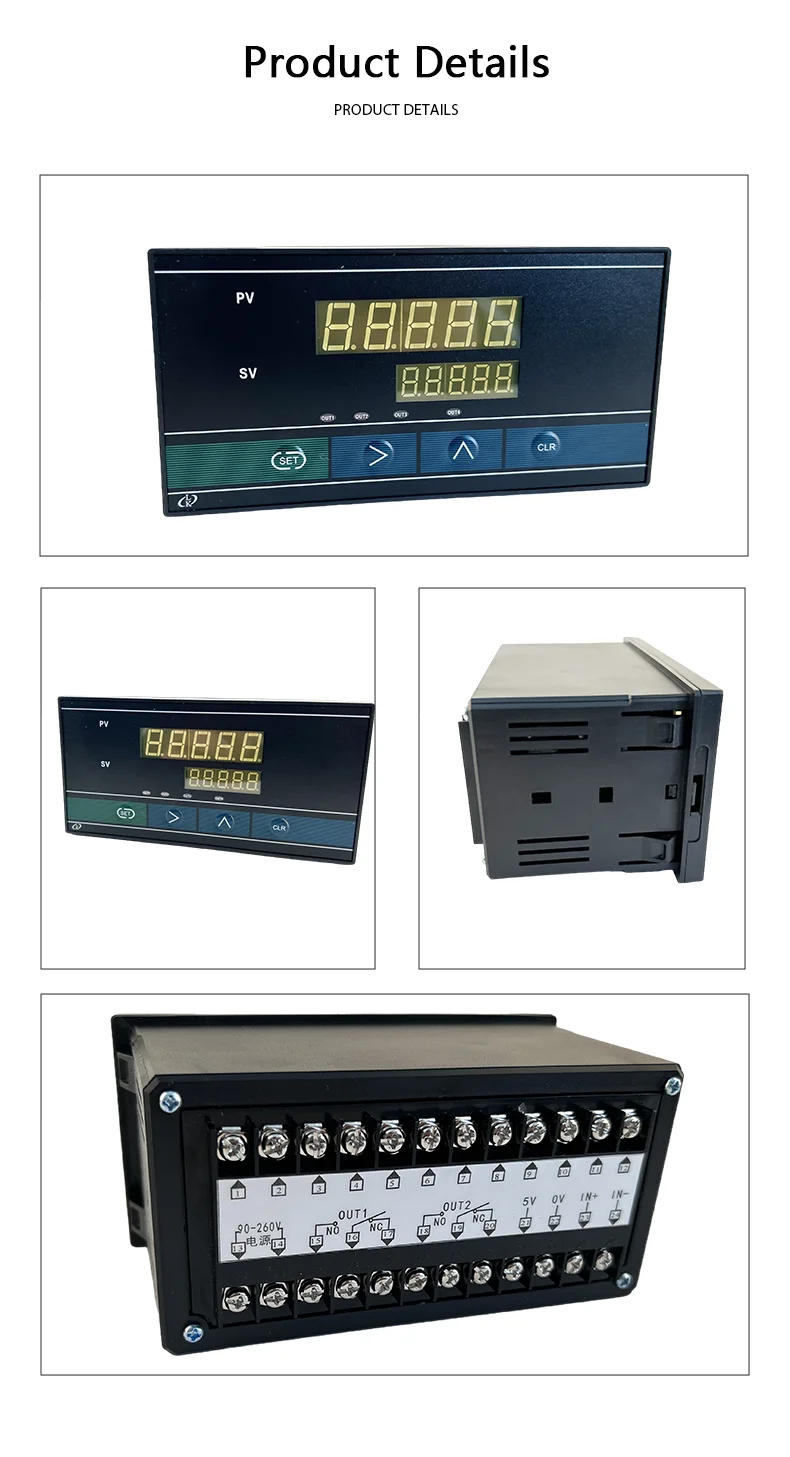 Industrial Force Measuring Indicator, 5V Sensor Supply + IN+/IN- Input, OUT1/OUT2 Relay Alarms, Dual Display 2 Relay Outputs,
