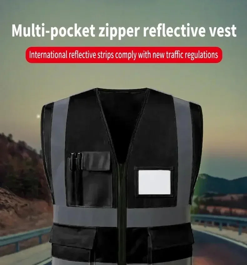 HACHANLUN Black Reflective Vest Vest Reflective Vest Traffic Riding Vest Overalls Multi-pocket Zipper