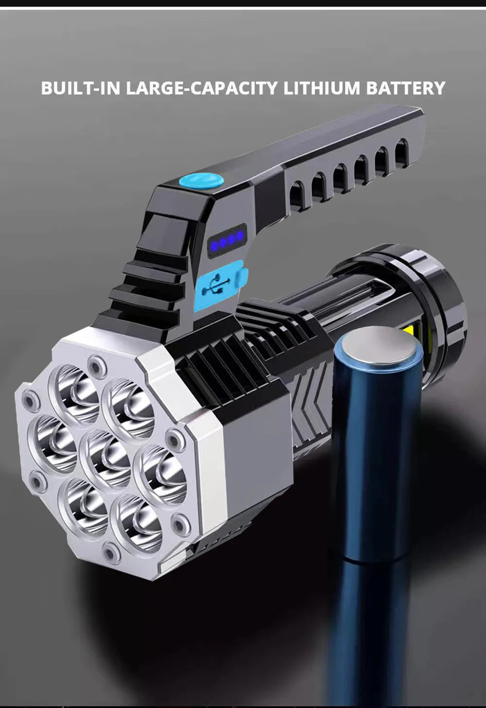 7LED Flashlight 4 Lighting Mode IPX4 Waterproof 4-Level Brightness Adjustable with Power Indicator for Hiking Emergency Survival